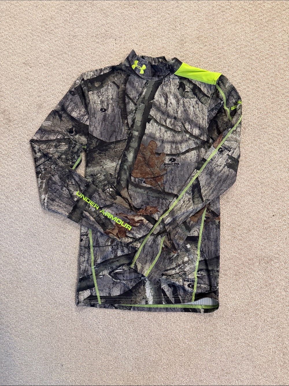 Under Armour Gray/Brown Camo Long-Sleeve Top with Neon Green Accents